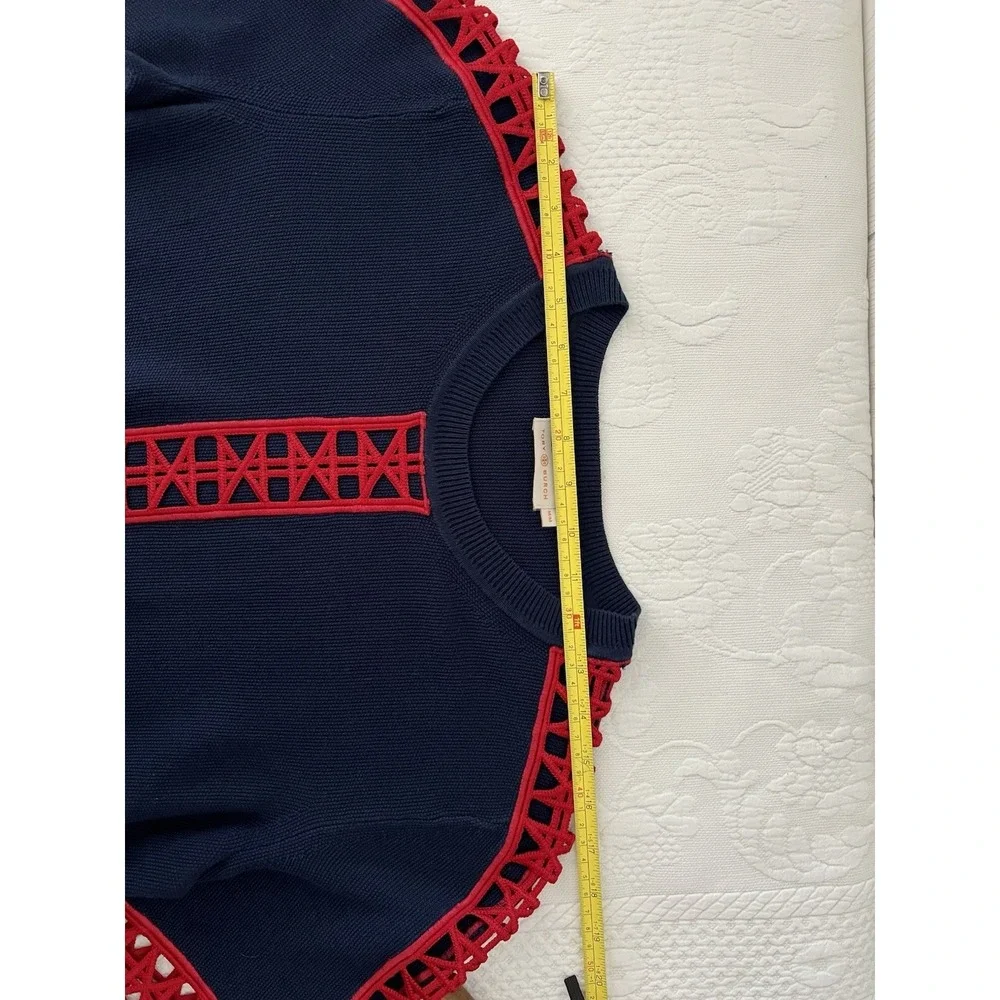 Tory Burch Knit Cotton Navy Blue Red Geo Cut Out Knit Yacht Top Blouse Coastal M